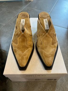 Jimmy Choo Tan Suede Pointed Mule Slides